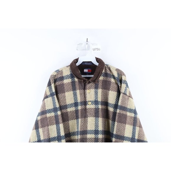 Vtg 90s Tommy Hilfiger Mens Large Faded Baggy Fit Collared Fleece Sweater Plaid - Picture 2 of 8
